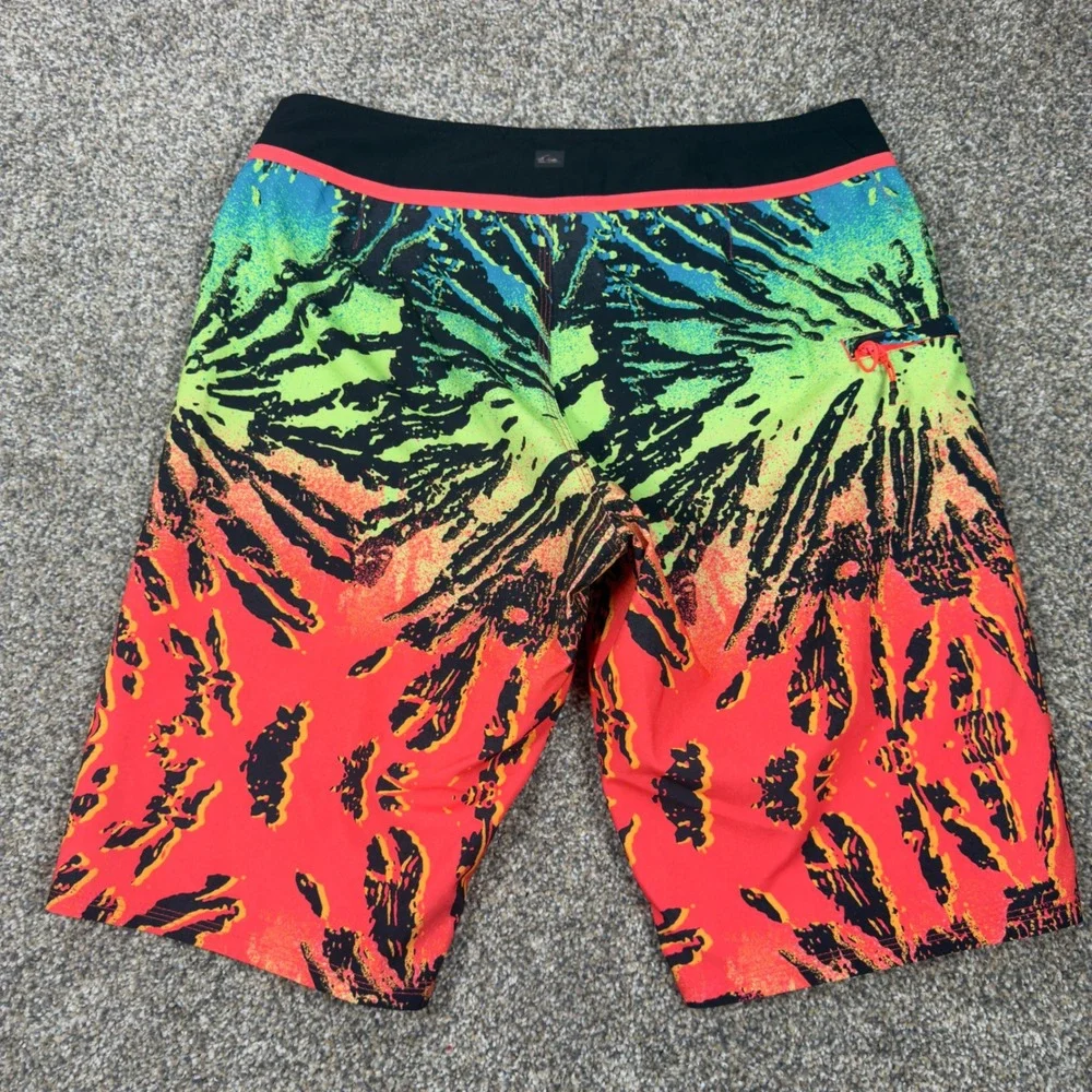 Quiksilver Mens Board Shorts Size 30 Neon Tie Dye Print Swim Trunks Orange Green